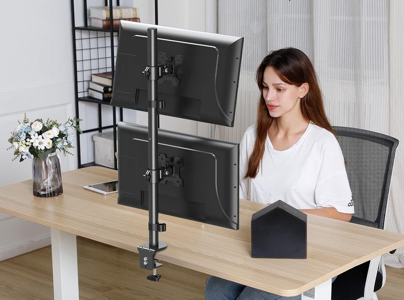 MOUNT PRO Vertical Dual Monitor Stand, Stacked Monitor Mount for 2 Monitors Up to 32 inches, Computer Monitor Arm with Swivel, Tilt, Height Adjustable, Each Monitor Desk Mount Holds up to 17.6 lbs - Image 4